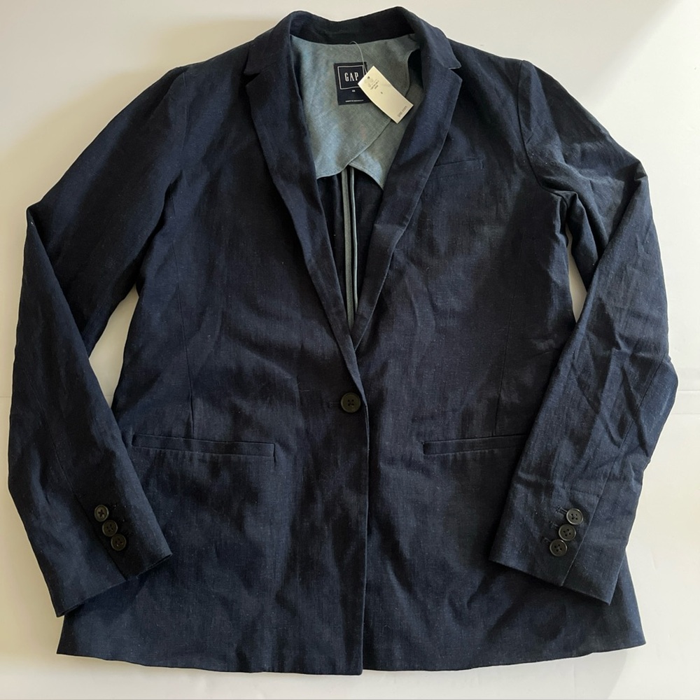 NWT Gap Womens Linen Blend Blazer Size 6 Blue One Button Single Breasted